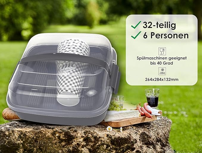 Tribello Camping Picnic Dishes Set with Case, 32 Plastic Reusable Cutlery - BPA Free, Microwave / Dishwasher Safe