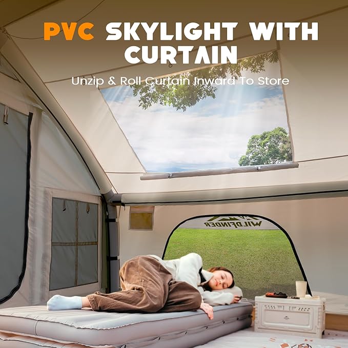 Inflatable Tent with Skylight, Quick Setup Blow Up Tents with Pump, Hot Tent with Stove Jack, Waterproof Oxford Inflatable House for Camping, Air Glamping Tents for Camping Adult 4-6 Person