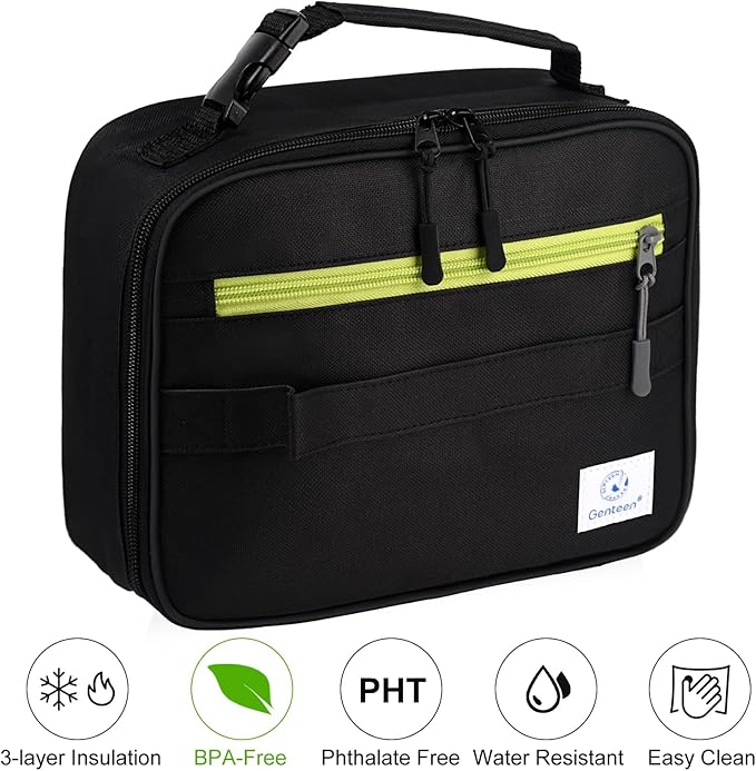 Genteen Lunch Box Kids, Insulated Lunch Bag Kids Boys Girls Back to School, Soft Lunch Box for Men Reusable Lunchbox for Office,Outdoor,School (Black)