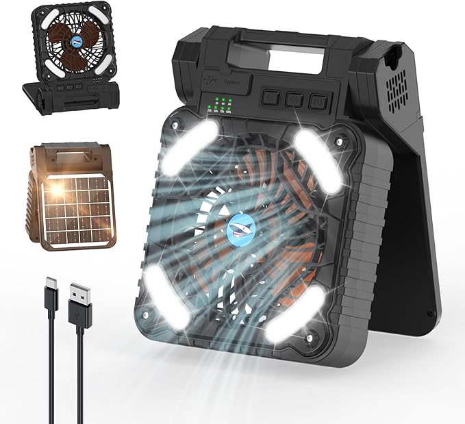 Smiling Shark Camping Fan with LED Lantern, 6000 mAh Rechargeable Solar Camp Fan with 4 Speeds Powerful Wind & 3 Timer 90ยฐ Foldable Cordless Portable Tent Fan for Camping Fishing Hiking