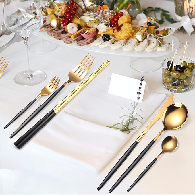 AARAINBOW 8 Pieces Stainless Steel Flatware Set Portable Reusable Cutlery Set Travel Utensils Set Including Chopsticks Knife Fork Spoon Straws Cleaning Brush Dishwasher Safe (Black Golden)
