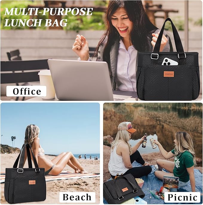 Large Women's Insulated Lunch Bag, Black, 12L, Composite and Aluminum