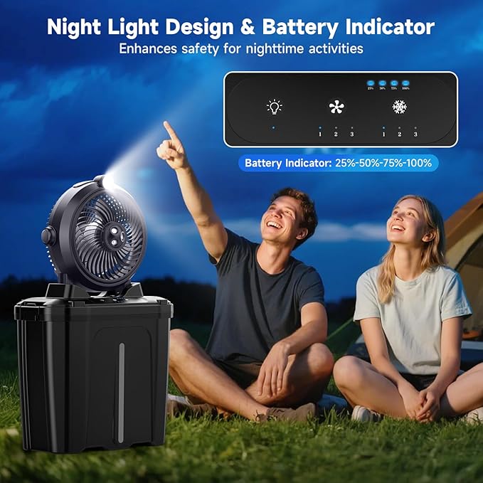 Portable Misting Fan with 11L Large Bucket for Outdoor Patios, 20000mAh Battery Operated Camping Fan with Hanging & Lighting, 3 Speed & 3 Spray Outlets, Rechargeable Fans for Fishing Garden