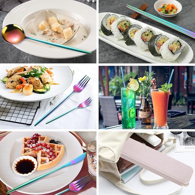 AARAINBOW 8 Pieces Stainless Steel Flatware Set Portable Reusable Cutlery Set Travel Utensils Set Including Chopsticks Knife Fork Spoon Straws Cleaning Brush Dishwasher Safe (Multicolored)