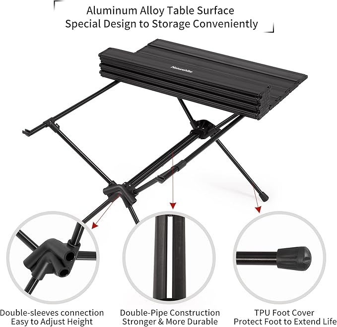 Naturehike FT11 Height Adjustable Camping Table, Ultralight Aluminum Roll Up Table with Carry Bag, Portable Backpacking Camp Table for Hiking Picnic Fishing Beach