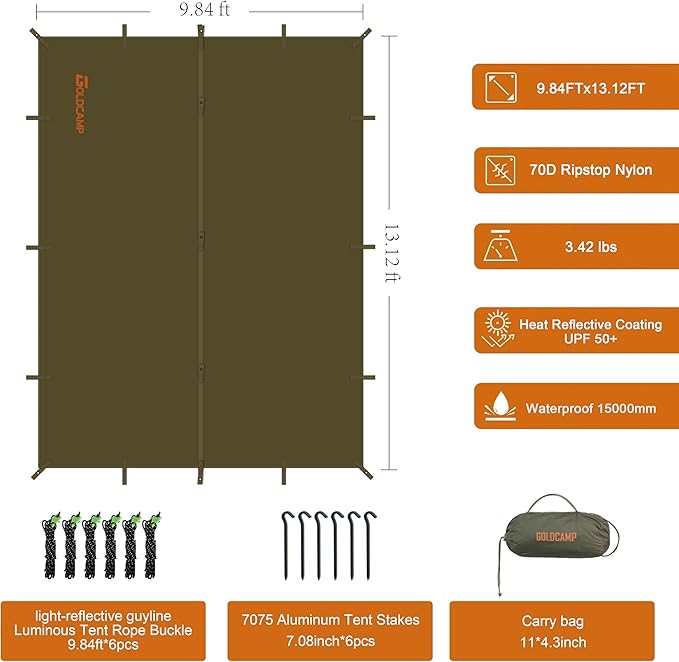 GOLDCAMP Bushcraft Emergency Camping Tarp,70D Nylon 10X13.2FT Hammock Rain Fly ,UV 50+ and PU15000mm Tent Tarp Shelter Canopy,Heavy Duty Multifunctional Sun Shade Essentials for Hiking (10X13.2ft)