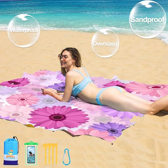 BYDOLL Beach Blanket 78''X81'' 4-7 Adults Oversized Lightweight Waterproof Sandproof Blanket for Beach Large Picnic Mat Travel Camping