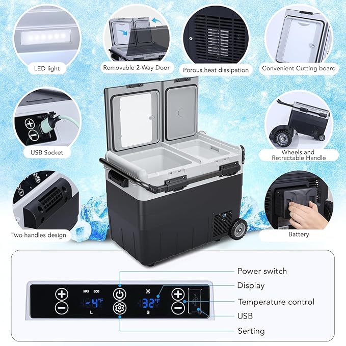 12 Volt Car Refrigerator, 53QT (50L) Dual Zone Portable Car Fridge, -4℉-68℉ Electric Cooler Dual Temp Control Cooling Freezer with Wheels, 12/24V DC and 100-240V AC for Travel, Camping, RV, Road, Home