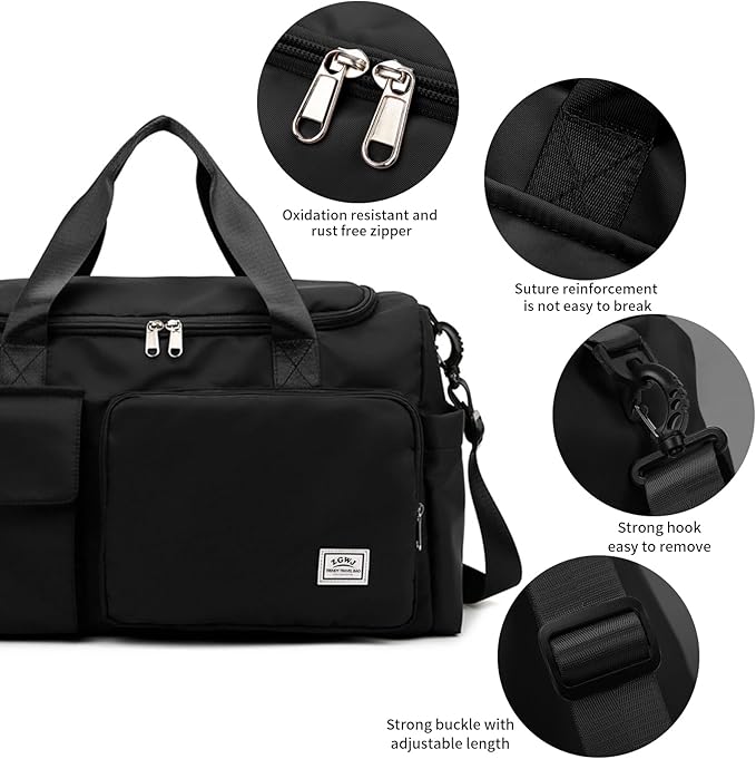 Travel Duffel Tote Bag with Dry Wet Separation Pocket, Weekender Bag for Women and Men,Waterproof Bag with Shoe Compartment Lightweight and Easy Carry on Black