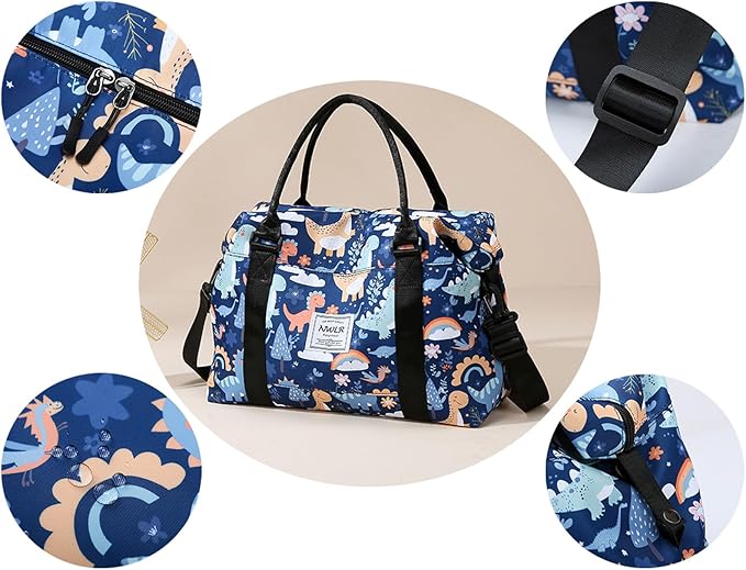 Travel Duffle Bag Weekender Overnight Bag Gym Tote Bag with Wet Pocket for Women Girls Workout Duffel Bag Water Resistant (B-Dinosaurs)
