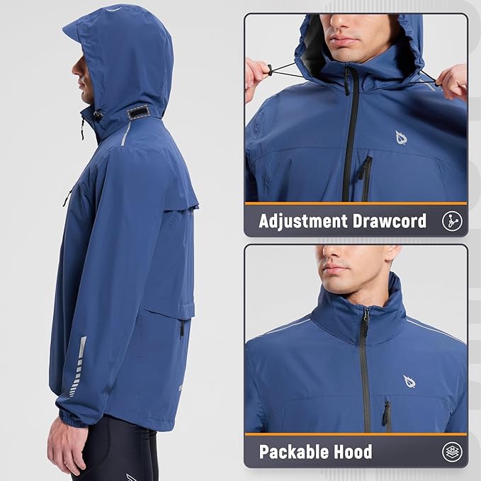 baleaf Men's Rain Jacket Waterproof Windbreaker Running Cycling Golf Hiking Gear Hood Lightweight Reflective Packable