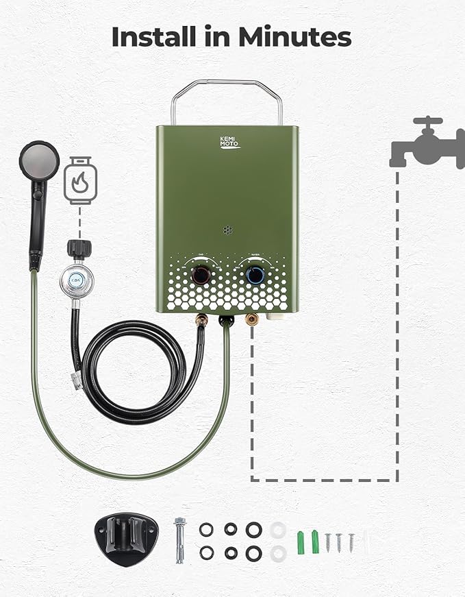 KEMIMOTO propane tankless water heater outdoor,1.32Gpm 34000 BTU Camping Portable Water Heater,Easy Installation, Lightweight for Taking,Suitable For Rv/Camping/Cabin