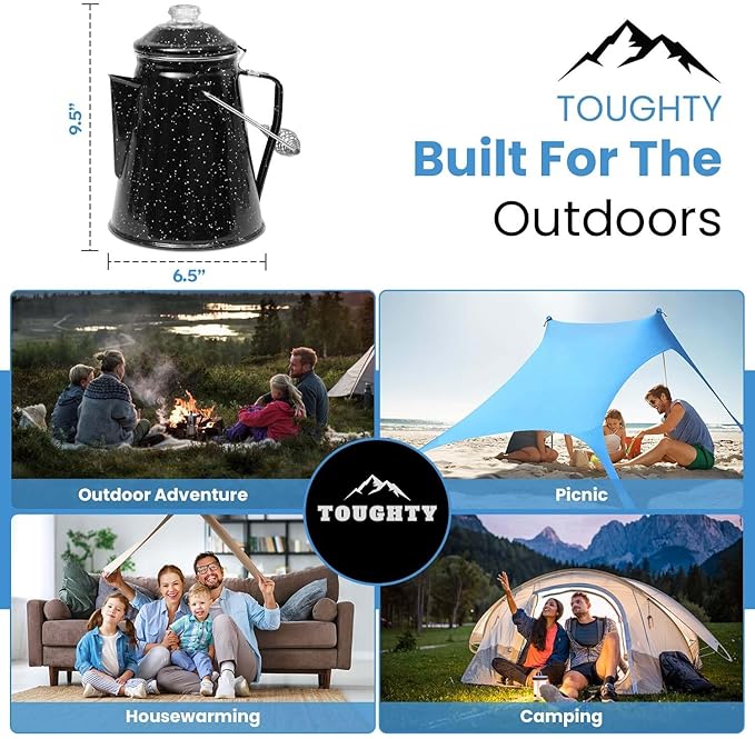 Toughty Enamel Coffee Percolator with 2 Cups - Stovetop Camping Coffee Maker for Open Fire, Grill or Gas Stove - Durable Old-Fashioned Cowboy-Style Metal Pot - 12-cup Classic Design - Black
