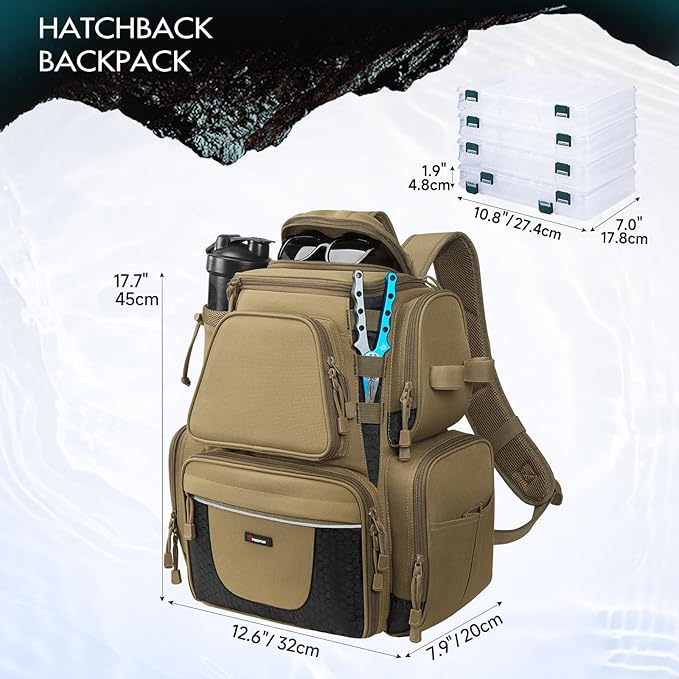 Piscifun Fishing Tackle Backpack with 4 Trays, Large Outdoor Storage Tackle Bag with Protective Rain Cover for Fishing Gear