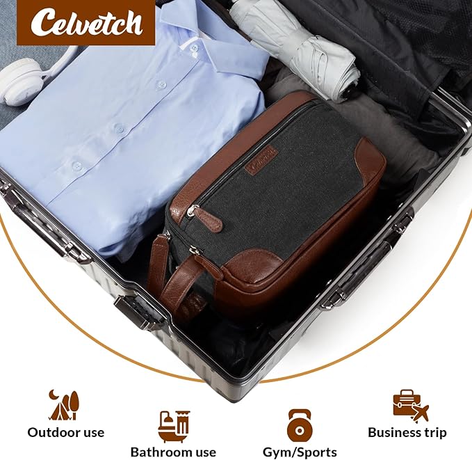 Travel Toiletry Bag for Men - Canvas Toiletries Bag with Multiple Pockets Large Hanging Dopp Kit Travel Bag for Toiletries Essentials Accessories - Dark Grey