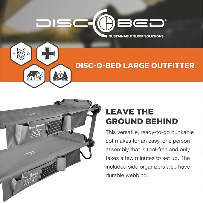 Disc-O-Bed Large Outdoor Convertible 2 Person Bench and Double Camping Cot Portable Bed Bunk System for Adults
