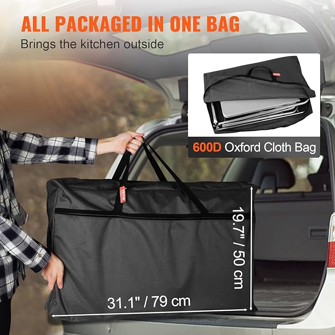 VBENLEM Camping Kitchen Table, Aluminum Portable Folding Camp Cook Table with Windshield, 3 Cupboard, Storage Organizer, Quick Installation for Outdoor Picnic Beach Party Cooking, Black