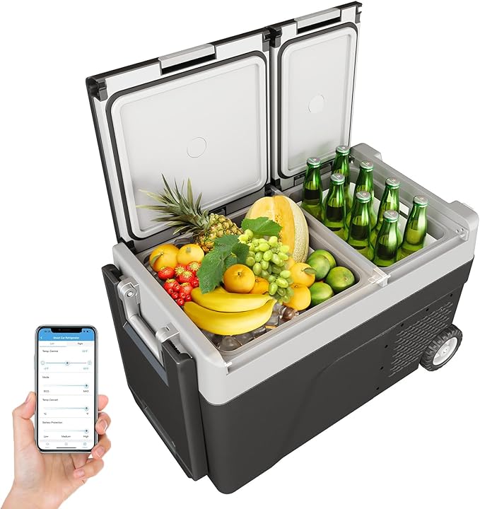 12 Volt Refrigerator, 40QT(38L) Car Efrigerator APP Control,Electric Cooler On Wheels -4℉~68℉, Portable Freezer 12/24V DC 110-240V AC, Camping Refrigerator, Travel, Boat