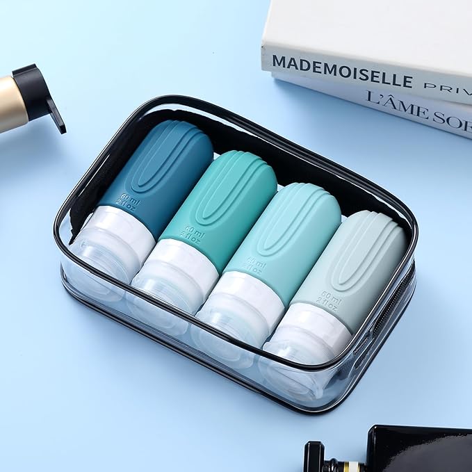 Travel Bottles for Toiletries, Tsa Approved 2oz Travel size Bottles, BPA Free Leak Proof Travel Toiletry Containers, Refillable Travel Accessories with Toiletry Bag for Shampoo Liquid (4 Pack)