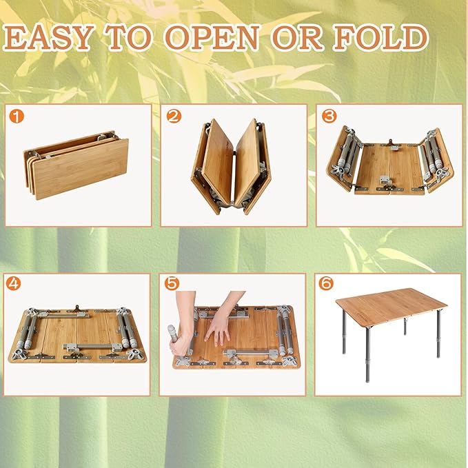 KingCamp Bamboo Folding Table Lightweight Camping Table with Adjustable Height Aluminum Legs 4-Fold Compact Small Portable Camp Tables for Travel RV Picnic Party Beach, 1-2 Person
