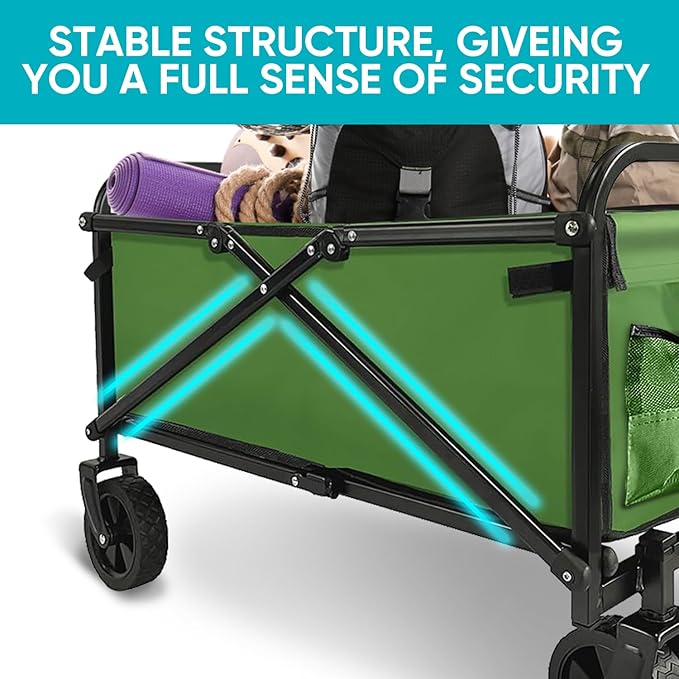Collapsible Foldable Wagon, Beach Cart Large Capacity, Heavy Duty Folding Wagon Portable, for Outdoor Sports, Shopping, Camping, Green
