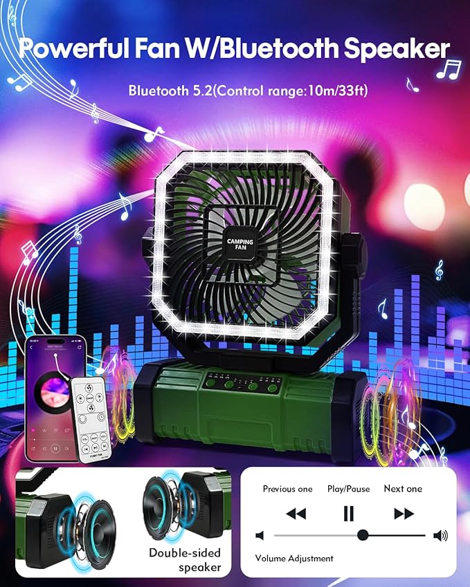20000mAh Portable Camping Fan, Rechargeable Battery Operated Oscillating Tent Fan W/Bluetooth Speaker, Remote Control, 4 Speeds, LED lights & 360° Rotation Hook for Outdoor RV Travel, Green