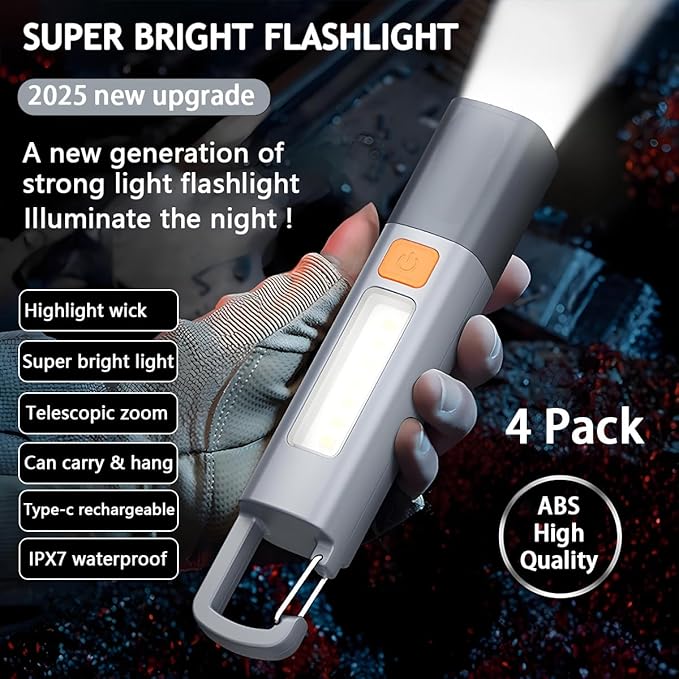 Rechargeable LED Flashlights High Lumens, 20,000 Lumens Super Bright Flashlight with USB Cable and Hook, 3 Modes, Waterproof Flash Light Handheld Powerful Flashlight for Home Camping - 4 Pack