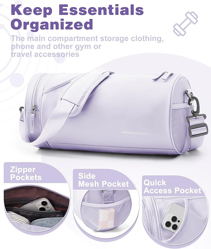 Purple Small Women's Workout Bag - Waterproof Mini Duffle Gym Bag with Wet Pocket - Carry On Weekender for Dance, Swimming, Yoga, Fitness