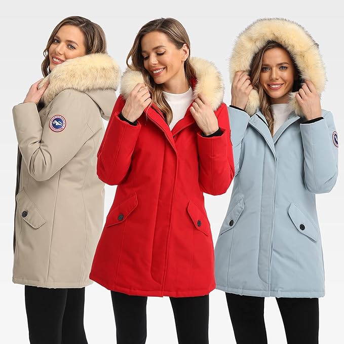 PUREMSX Duck Down Winter Coat for Women Insulated Long Thick Fur Hood Puffer Warm Parka Jacket