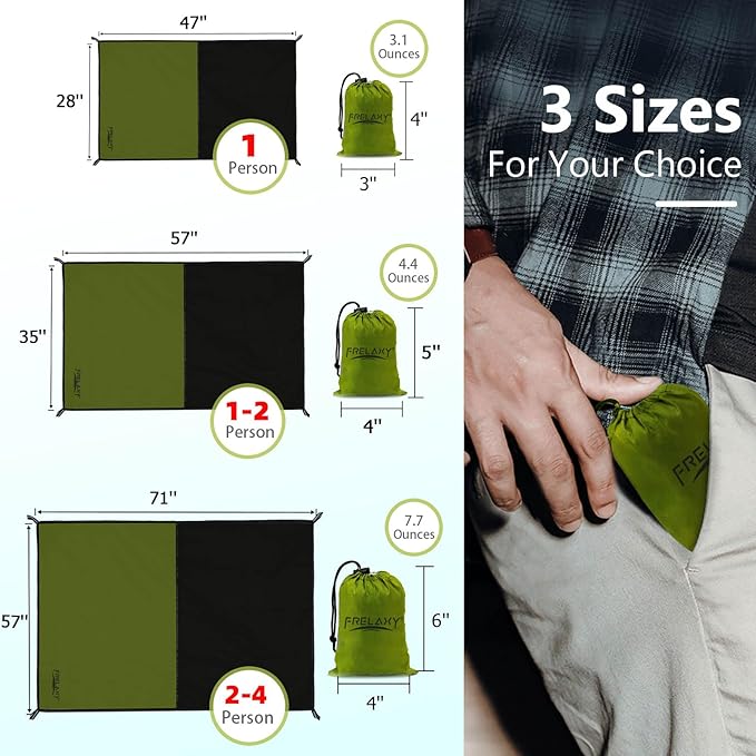 Frelaxy Pocket Picnic Blanket, Waterproof Beach Blanket, Compact Camping Blanket, Lightweight Outdoor Blanket for Beach Festival Camp Picnic Hiking Travel, 35'' x 57'', Army Green