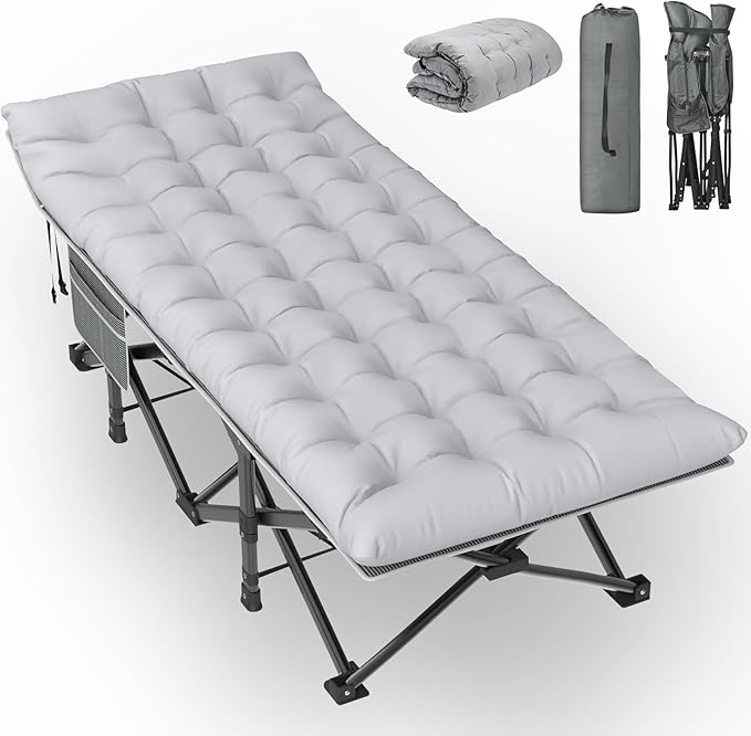 Slendor Oversized XXL Camping Cot, Folding Cot for Adults, 79" L x 32" W x 19" H Sleeping Cot with Mattress, Carry Bag, Camp Cot Bed for Travel, Guest, Support 500lbs, Stripe Grey Cot+ Grey Pad
