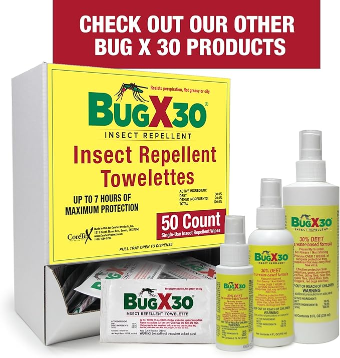 CoreTex Bug X 30 Mosquito, Tick, & Insect Repellent Wipes with 30% DEET - Pack of 50 Single-Use Bug Repellent Wipes for Up to 7 Hours of Reliable Protection Against 12 Types of Biting Insects