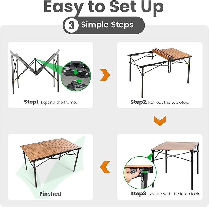 Portable Outdoor Camping Table Large for 2-6 Person - Foldable Camp Table with Aluminum Roll-Up Top & Carry Bag for BBQ, Tailgating, Backyard, 220 Lbs Capacity, Stable & Sturdy (Natural)