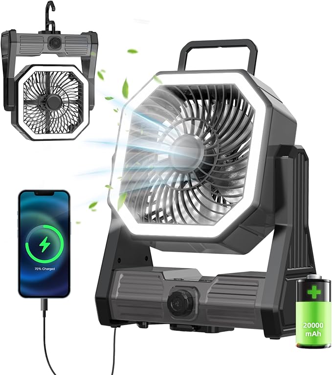 SmartTail Portable Camping Fan, 20000mAh Battery Powered Fan with LED & Hook, Stepless Speed & Timing Rechargeable Fan, Cordless Desk Fan for Camping, Tent, Fishing, Travel, Office-black