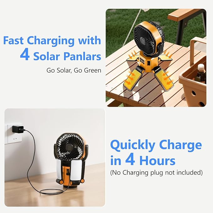 Automatic Oscillating Solar Camping Fan, 6000 mAh Rechargeable Fan with 4 Led Light, 4 Wind Speeds,3 Level Lighting, Suitable for Camping, Fishing, Picnics, Etc.-Orange