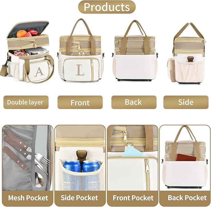 LOKASS Personalized Lunch Bag for Women Work, 16L Initial Insulated Lunch box for Adult/Womens Gift, Leakproof Personalized Gift Lunchbag with Adjustable Shoulder Strap, Cooler Bag Beige - E