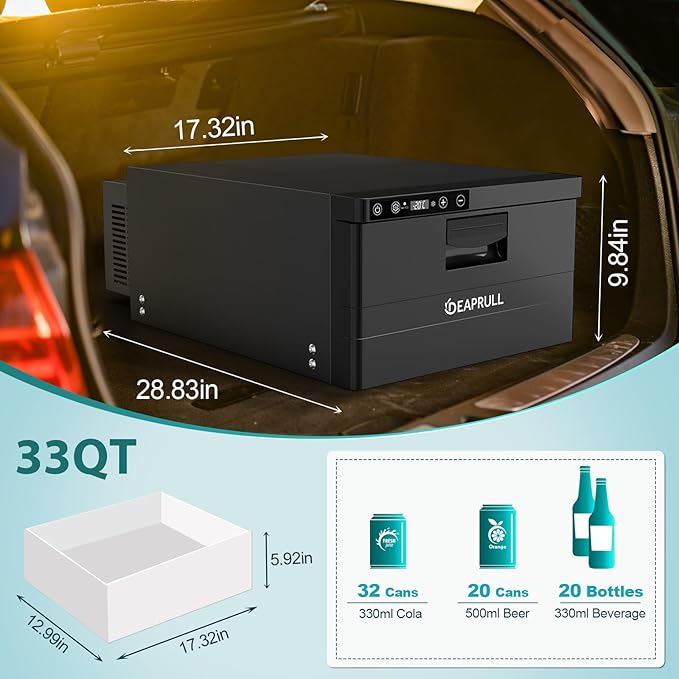 12 Volt Drawer Refrigerator, 31L(33QT) Drawer Electric Cooler RV Refrigerator APP Control (-4โ-68โ), Car Fridge Freezer for Travel Camping Road Trips Tailgating, Truck Van SUV 12/24V DC