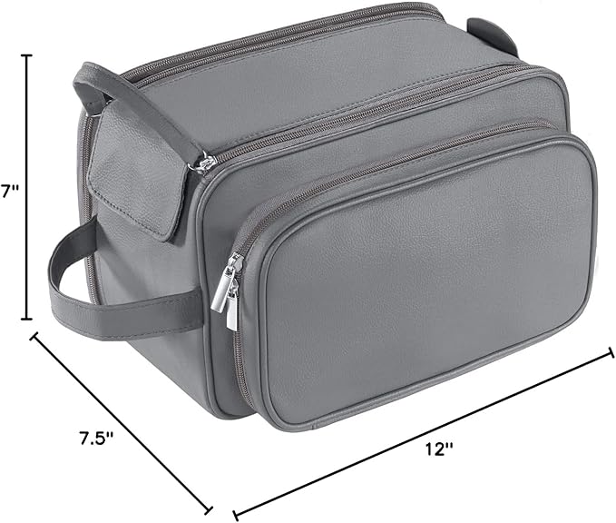 Buruis Extra Large Toiletry Bag for Men, Travel Toiletry Organizer Dopp Kit Water-resistant Shaving Bags, PU Leather Cosmetic Bathroom Shower Bag for Toiletries, Grooming, Accessories (Grey)