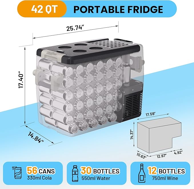 12 Volt Refrigerator, 42QT(40L) Electric Cooler, Portable Car Refrigerator Car Freezer 12V/24V DC 110-240V AC, 12V Car Cooler 0℉~50℉, Car Freezer 12v Portable Fridge for Car, Auto