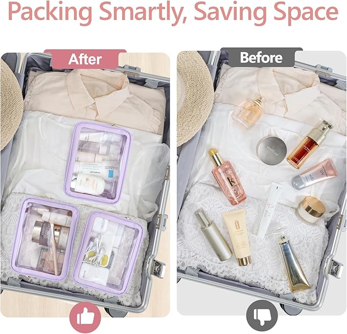PACKISM TSA Approved Toiletry Bag - Amazing Color-Edged Clear Makeup Bag, 3 Pack in Spacious Space, Reusable Clear Toiletry Bags with Great Value, Purple