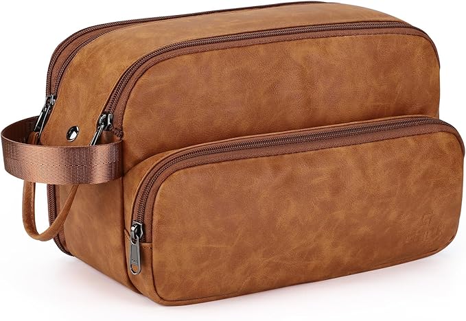 Toiletry Bag for Men, Travel Toiletry Bag Travel Essentials, Dopp Kit Water-resistant Shaving Bag, Bathroom Bag Toiletries Organizer, Brown(PU Leather)