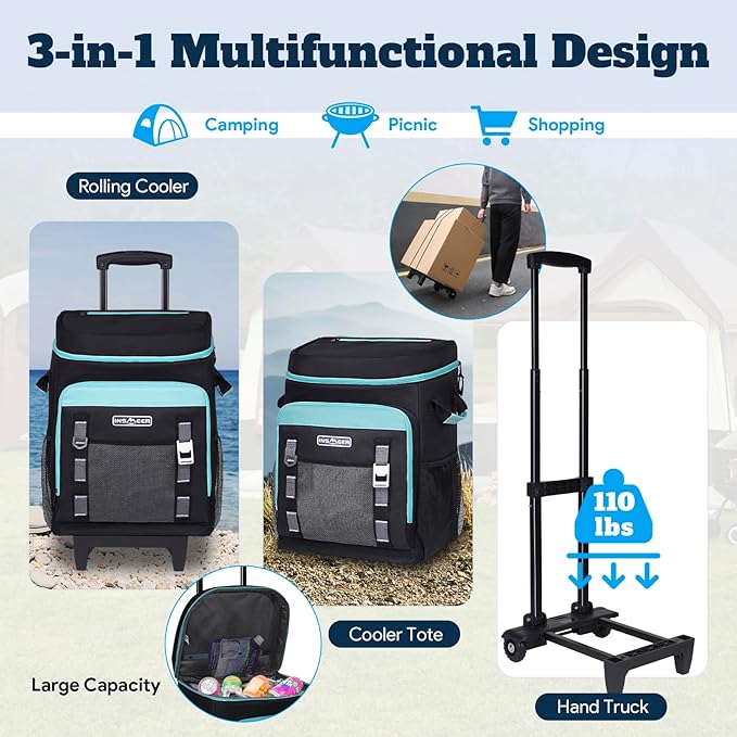 INSMEER Cooler with Wheels and Handle, 80 Cans/50L Rolling Cooler, Portable Soft Sided Coolers with Wheel, 2-in-1 Collapsible Cooler Trolley Cart, Large Coolers for Grocery Shopping
