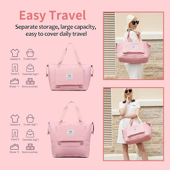 Expandable Travel Duffel Tote Bag - Foldable Overnight Weekender, Carry-On, Swim & Gym Bag - Fits Spirit Airlines Personal Item Size - Lightweight, Waterproof & Durable with Trolley Sleeve, Light Pink
