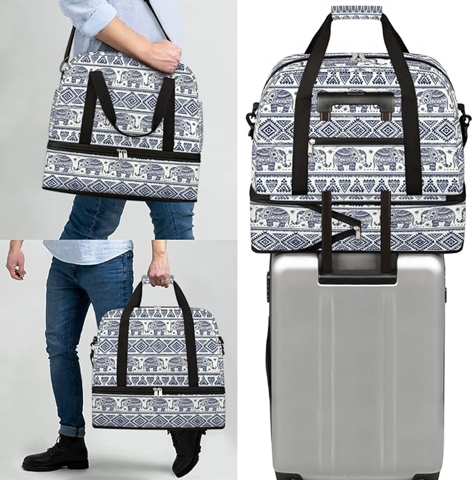 Bohemian Ethnic Elephant Foldable Travel Duffel Bag Tote Carry On Luggage Sports Gym Bag With Shoe Compartment For Woman Man Overnight Weekend Yoga Workout Bag Training Handbag