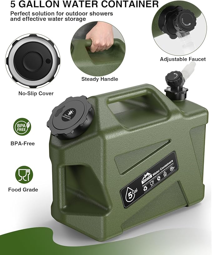 Portable Camping Shower with Water Jug, Electric Rechargeable Camping Shower, 5-Gallon Food Grade Water Containers, Outdoor Camp Pump Water Storage Kit for Hiking Beach, Travel, Pet Bath