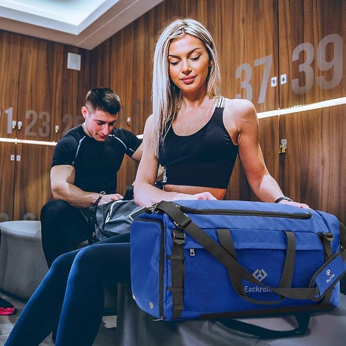 Eackrola Extra Large Sports Gym Bag, Travel Duffel bag with Wet Pocket & Shoes Compartment for men women, 85L, Lightweight (Blue)