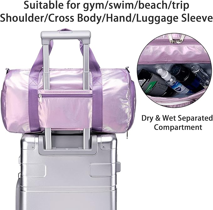 Gym Bag Sports Duffle Bag with Wet Pocket Weekender Overnight Bag with Waterproof Shoe Pouch and Air Hole for Women Girls Travel Foldable Bag (Metallic Purple)