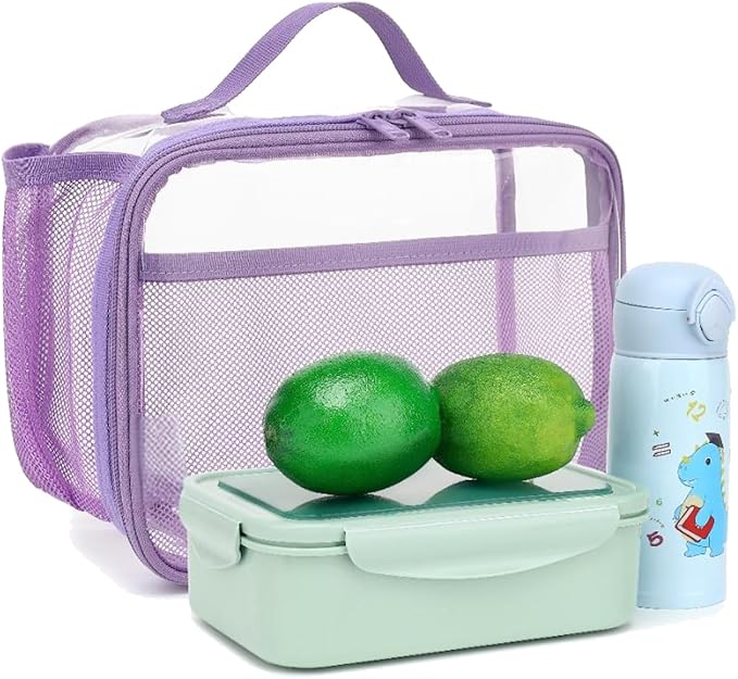 Insulated Lunch Box for School, Thermal Reusable Durable Freezable Lunch Bags for Kids Boys Girls Men Women - Small Soft Cooler Portable Lunch Tote Kit for Work Picnic Travel,Clear Purple