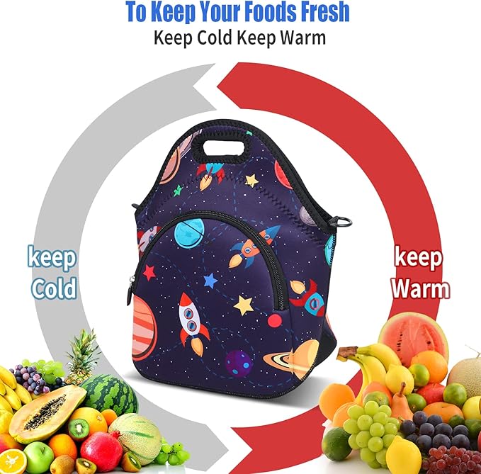 Violet Mist Neoprene Lunch Bag Insulated Lunch Bag Tote Cute Large Thermal Lunchbags with Pocket Detachable Adjustable Shoulder Strap Lunchbox Food Handbags Gift for Women Men Adult, Space Planet