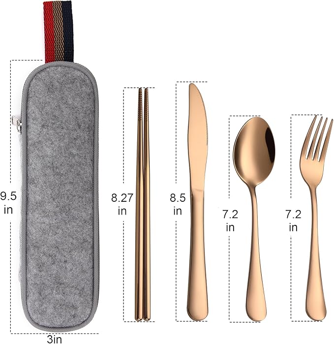 DEVICO Camping Utensils, Portable Travel Utensils with Case, Stainless Steel Reusable Silverware for Lunch Adult, 5Pcs Cutlery Set Includes Knife Spoon Fork Chopsticks and Case (Rose Gold)